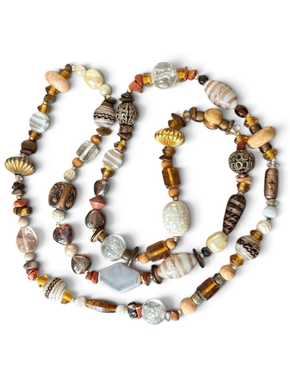 Dichroic Glass Natural Agate Pearl Carved Wood Long Handmade Beaded Necklace